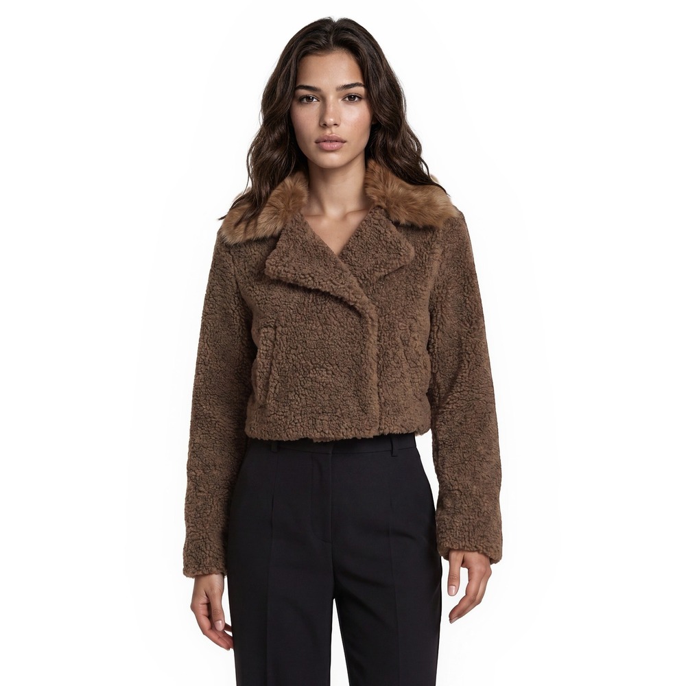 BCBGMAXAZRIA Teddy Jacket Coat Women's Size Medium Brown Faux Fur Sherpa Cropped